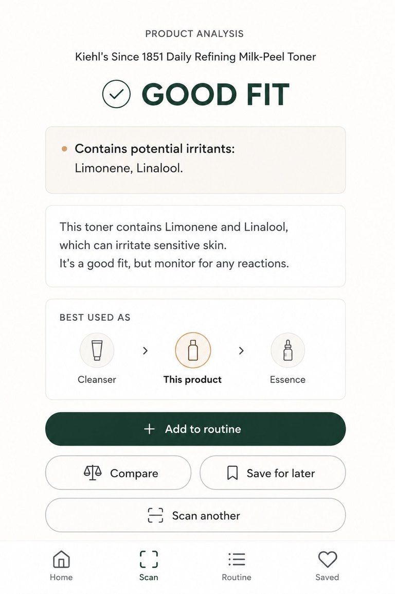 Skloot product analysis screen showing a verdict