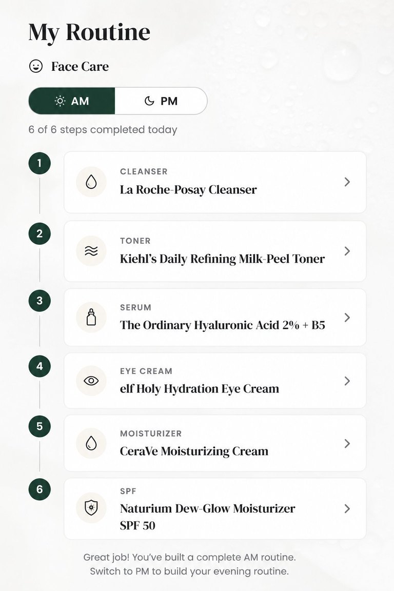 Skloot routine screen with saved products