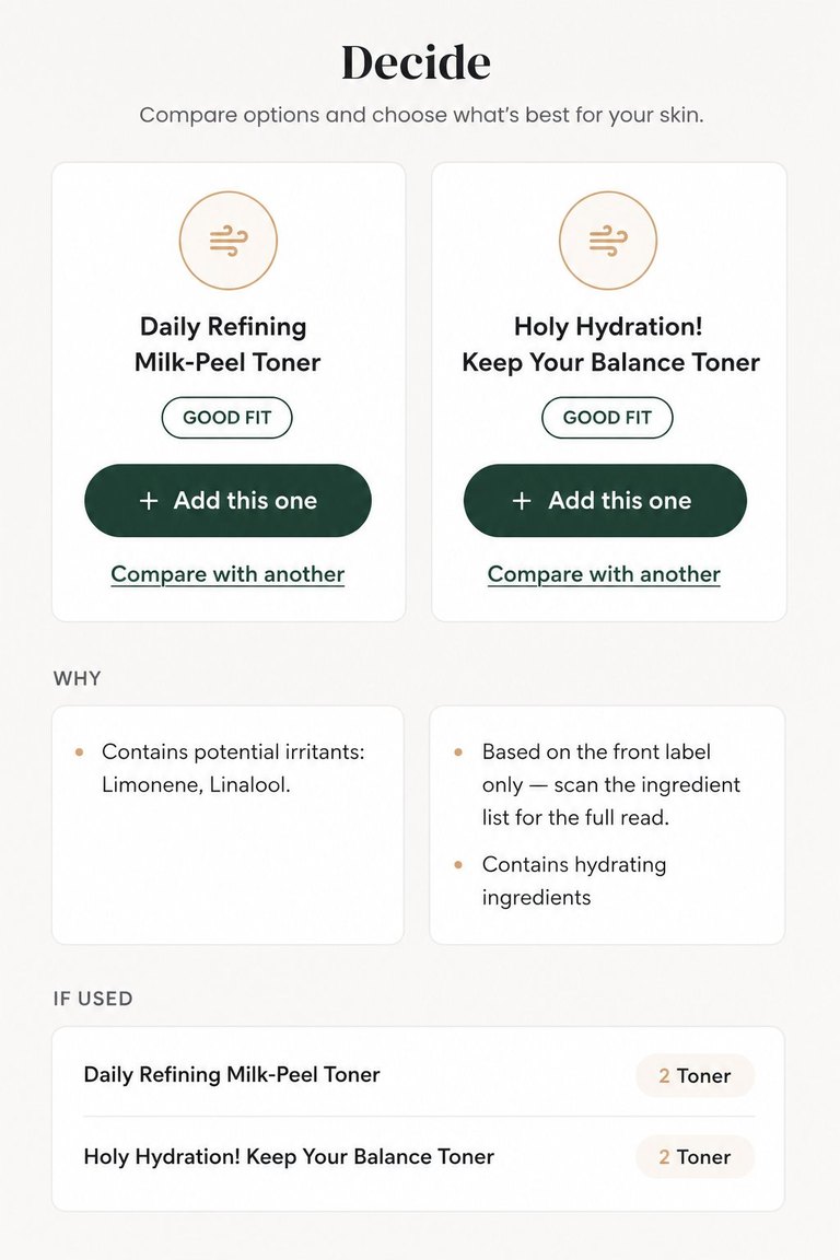 Skloot compare screen weighing two products